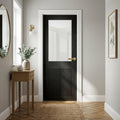 Internal Black Door Fully Finished Oak Chevron with Clear Glass