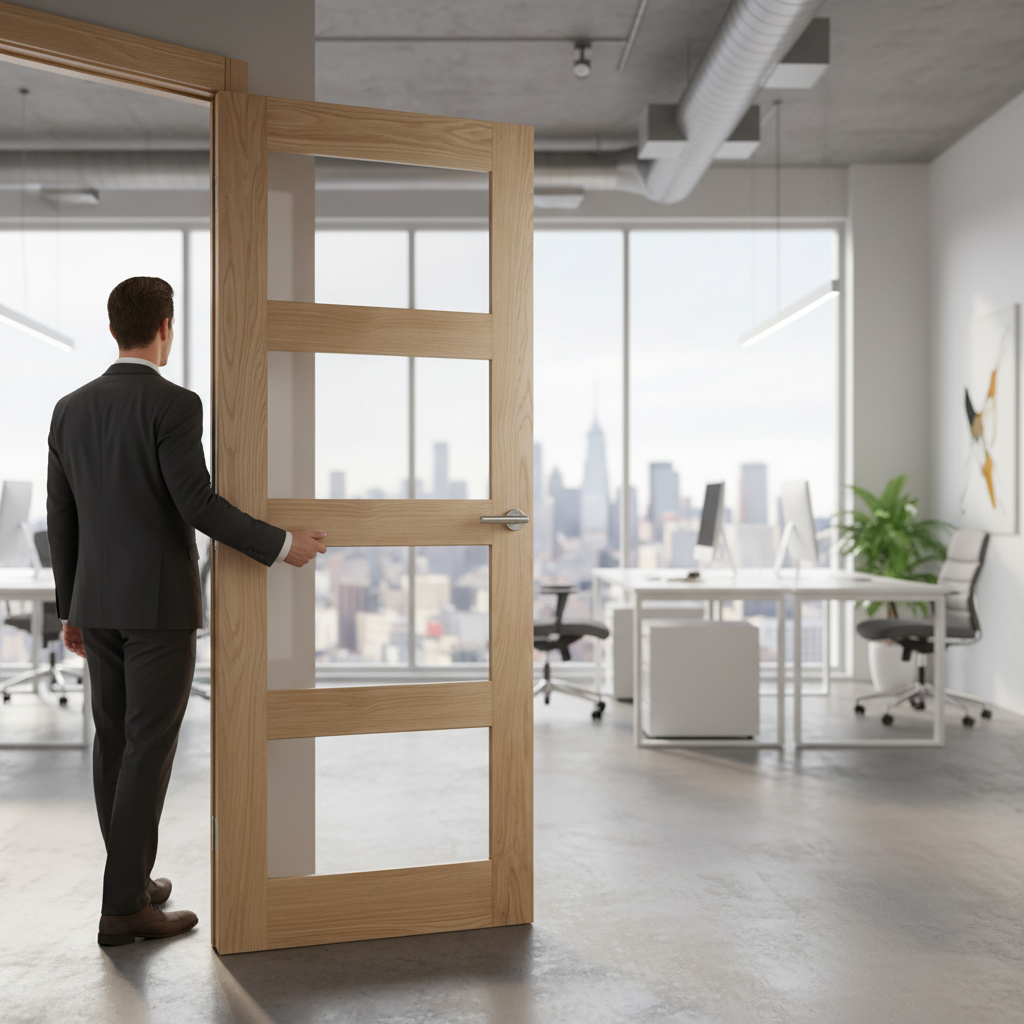 Premium Internal Fire Door with Clear Toughened Glass - Crown Cut American White Oak, FSC Certified, Contemporary Design