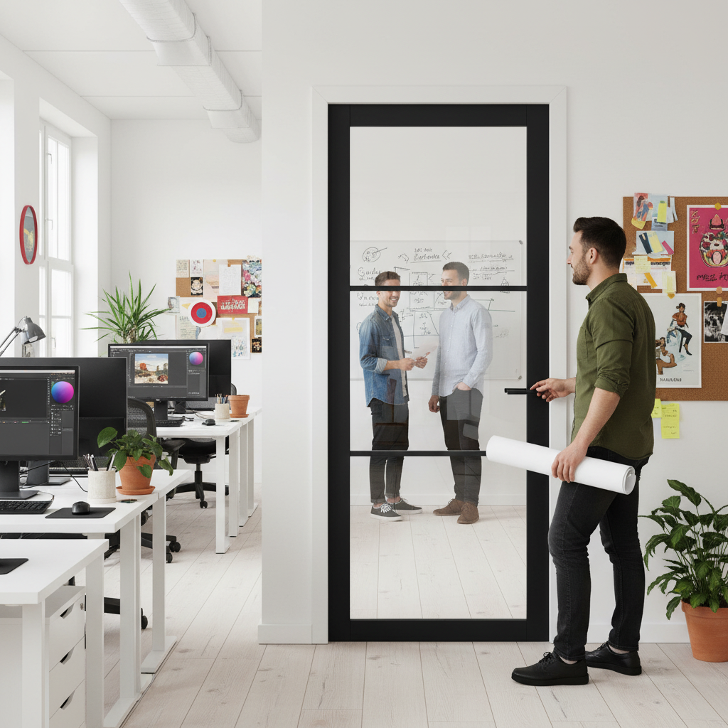 Internal Fully Finished 3 Light Clear Glass Industrial Studio Door - Stylish Jet Black Finish with Toughened Safety Glass...