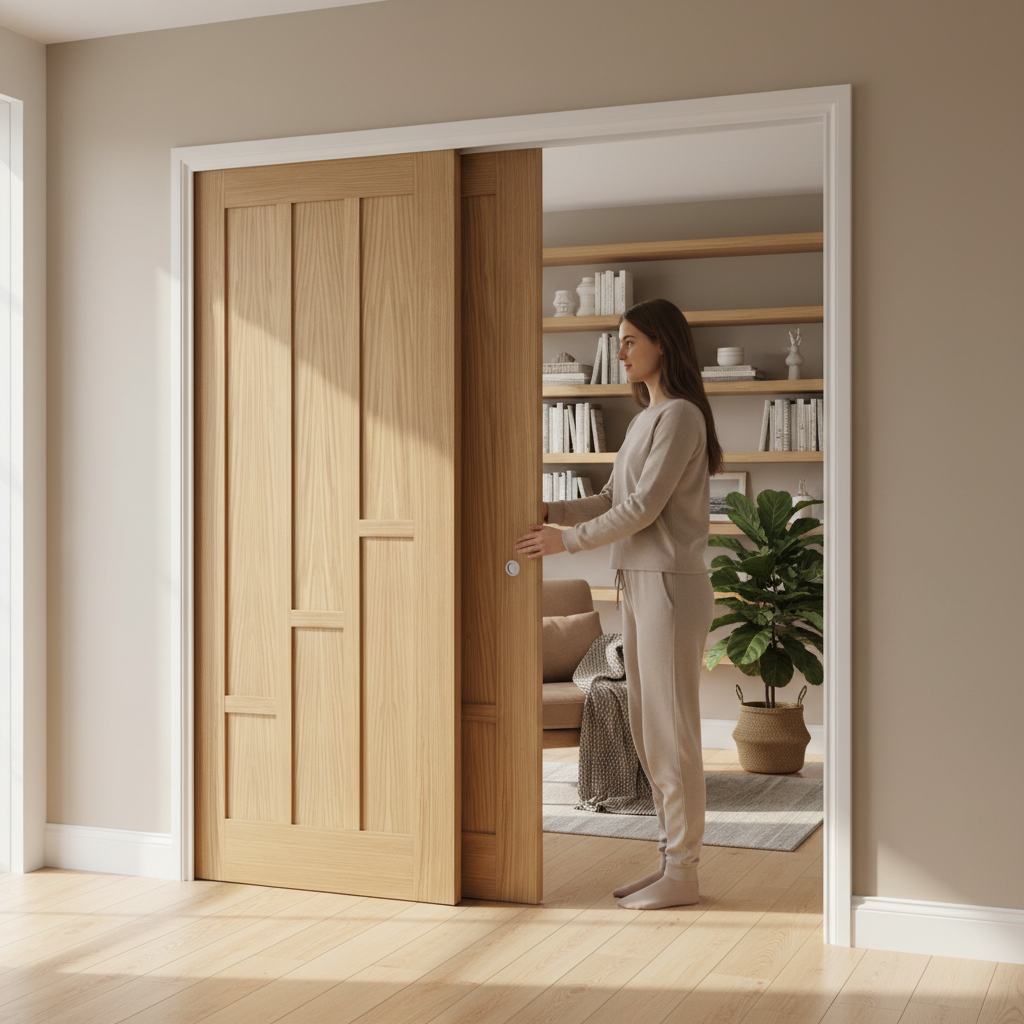 Premium 6 Panel Oak Telescopic Pocket Door System with Maintenance-Free Track, Adjustable Doorstop, and 15-Year Guarantee