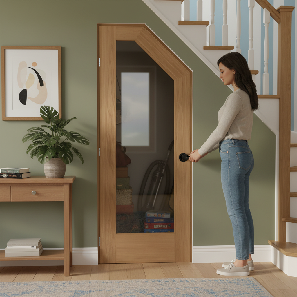 Premium Internal Unfinished Oak Cupboard Door with Clear Glass Panels for Under-Stair Customization