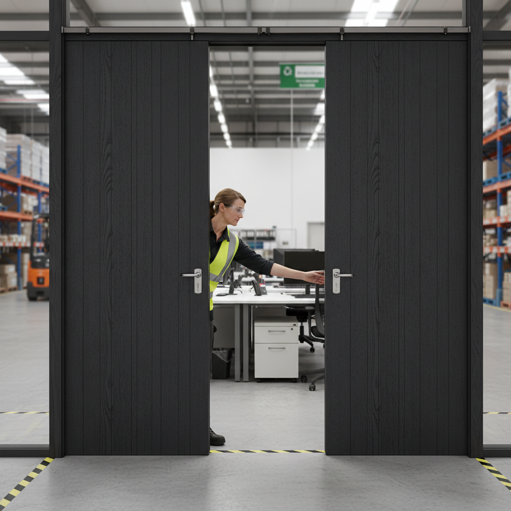 Premium Laminate Double Pocket Door Set with Galvanised Steel Frame and Vertical V Cut Grooves