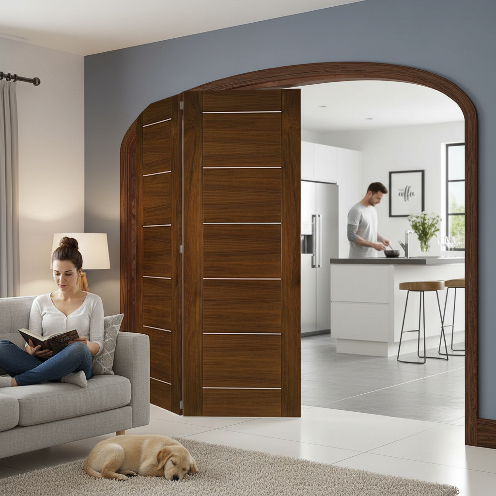 Premium High-Performance Walnut Room Divider with Bi-Folding Doors and Top Hung System for Flexible Space Management