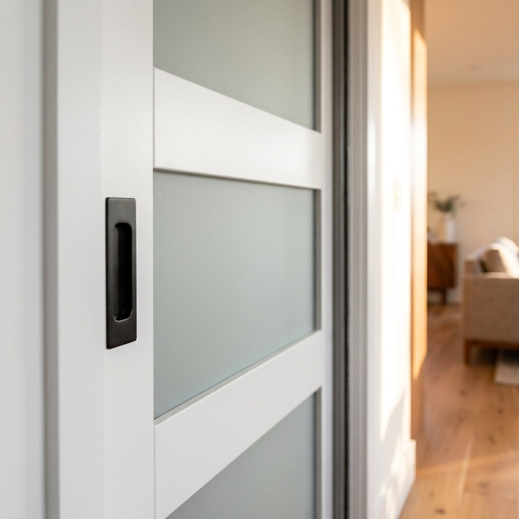 Internal Pocket Door Set, White Primed, 4 Light Obscure Glass, 100mm - detail view
