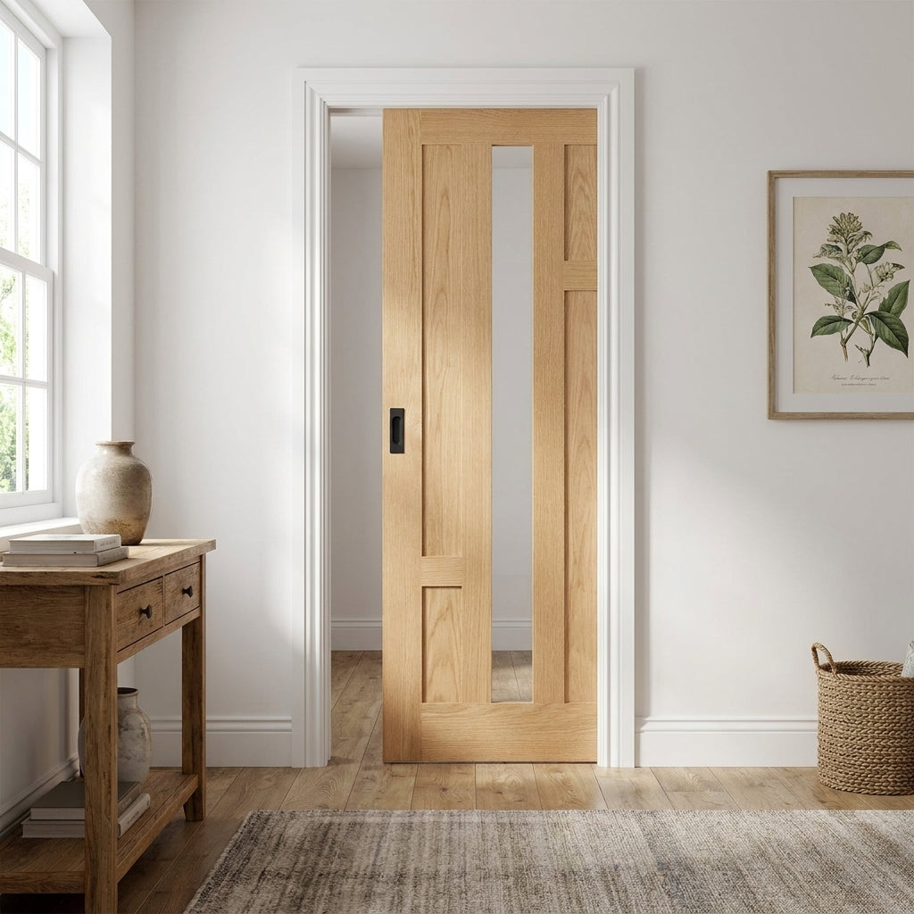 Internal Oak Pocket Door Set Fully Finished 4 Panel 1 Light Clear Glass