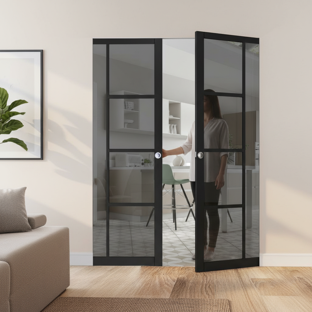 Premium Double Flush Pocket Door Set with Tinted Glass, No Bottom Track, and Space-Saving Design for Modern Interiors