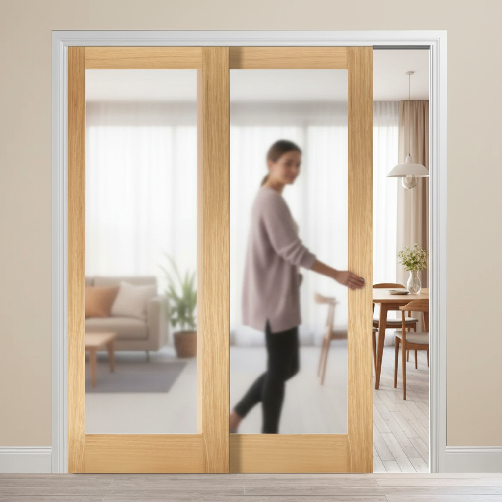 Premium Telescopic Pocket Door System with Frosted Glass Panels, 100 kg Capacity and Complete Wooden Jamb Kit for Modern Spaces