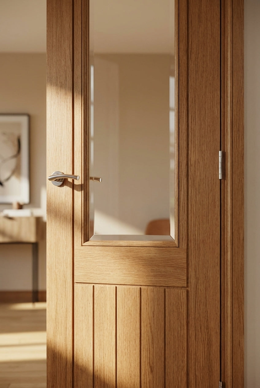 Internal Oak FD30 Fire Door Fully Finished with 1 Light Clear Glass - detail view