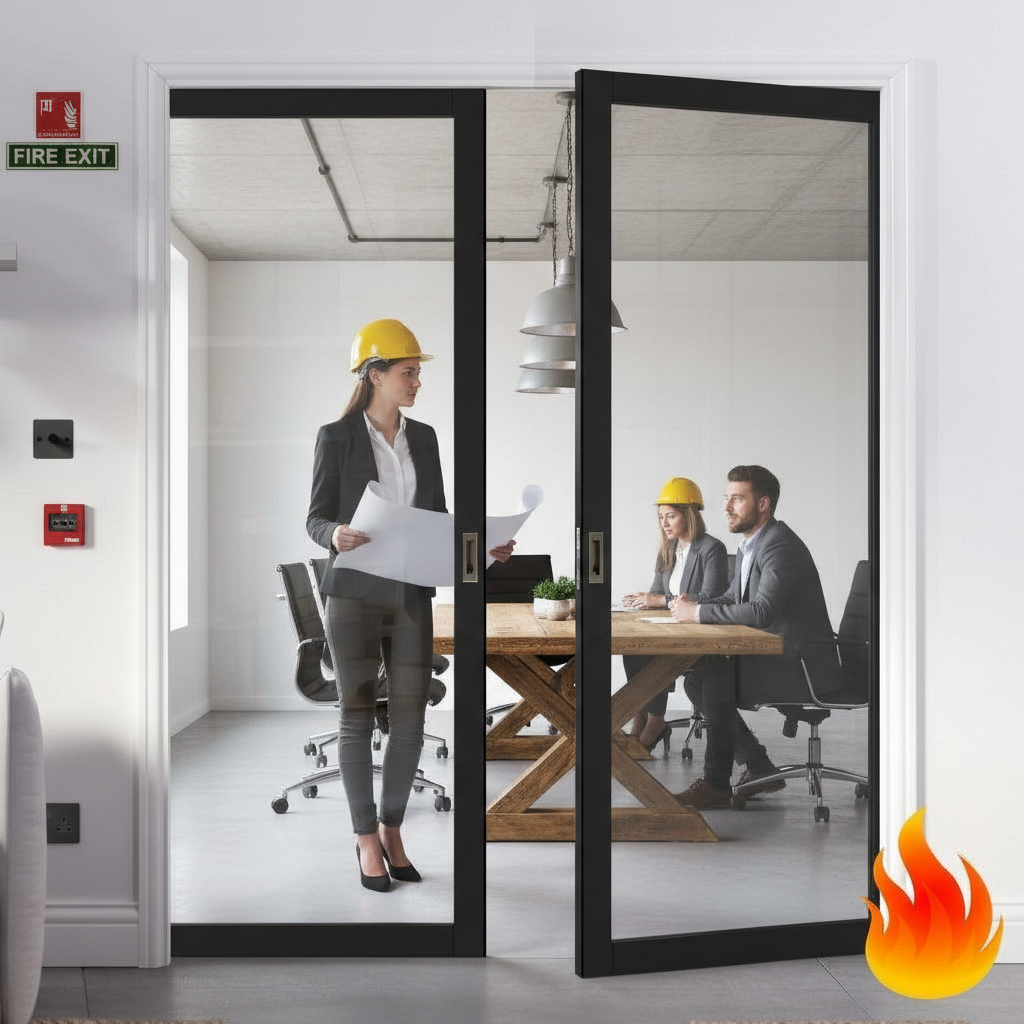 Premium Extra Slim Fire Rated Double Pocket Door Set with Galvanised Steel Frame and Custom-Made Design