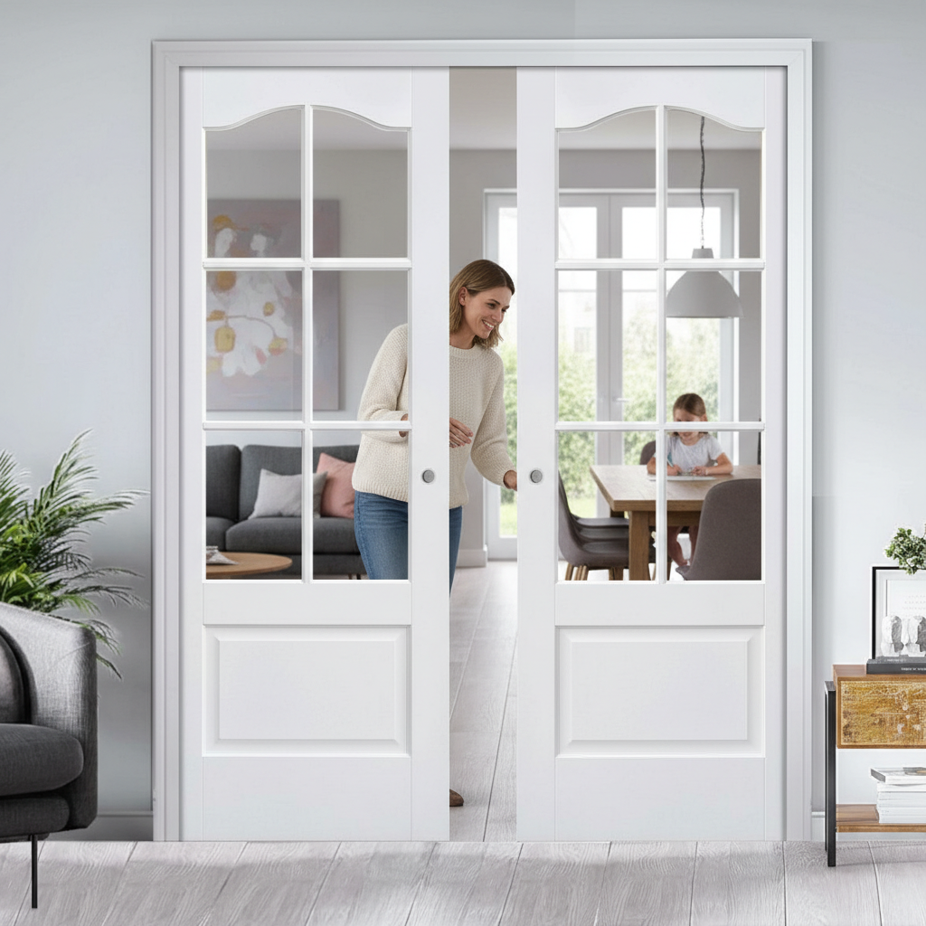Premium Solid White 6L Double Pocket Door Set with Bevelled Glazing and Galvanised Steel Frame for Space-Saving Interior Solutions