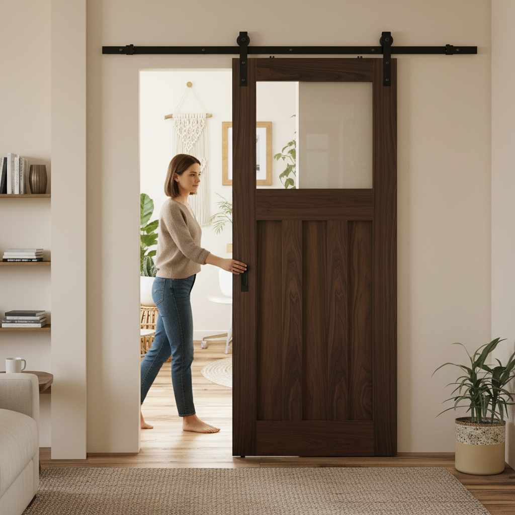 Premium Internal Sliding Door with Clear Glass Panel and Black Steel Track for Modern Elegance - Image 2