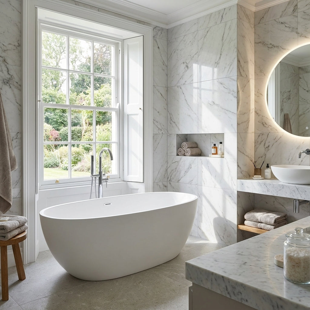 PVC Wall Panelling, Light Grey Marble, Gloss Finish, Waterproof, 2400x1000mm