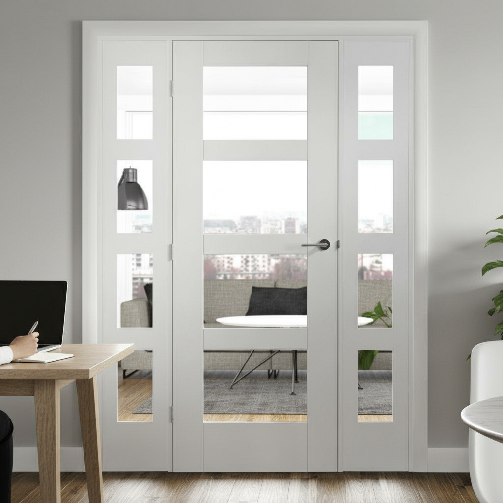 Premium White Room Divider with 4 Clear Glass Panels and Matching Demi Panels for Stylish Home Separation