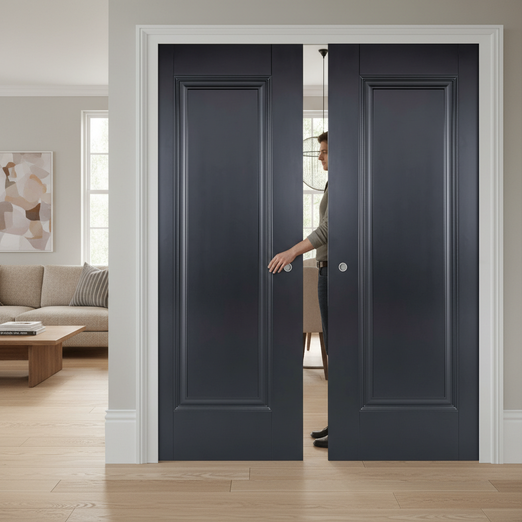 Premium Heavy Duty 1 Panel Double Pocket Door Set with Galvanized Steel Frame and Adjustable Jambs for Elegant Interior Spaces