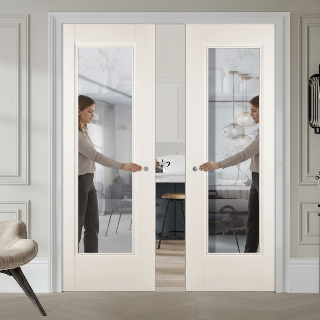 Premium Clear Glazed Double Pocket Door Set with Galvanised Steel Frame and Adjustable Jambs for Space Saving Design