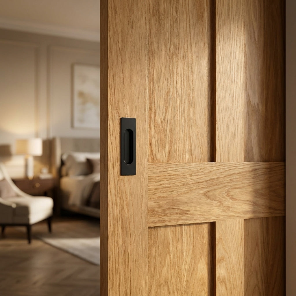 Pocket Door Set Oak Unfinished Victorian 4 Panel Flat Frame 100mm Internal - detail view