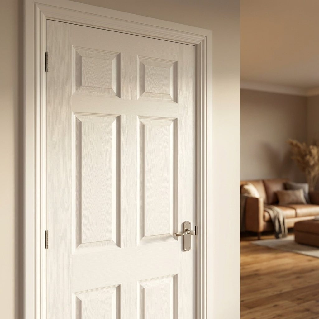 Internal White FD30 Fire Door Fully Finished Textured 6 Panel Moulded - detail view
