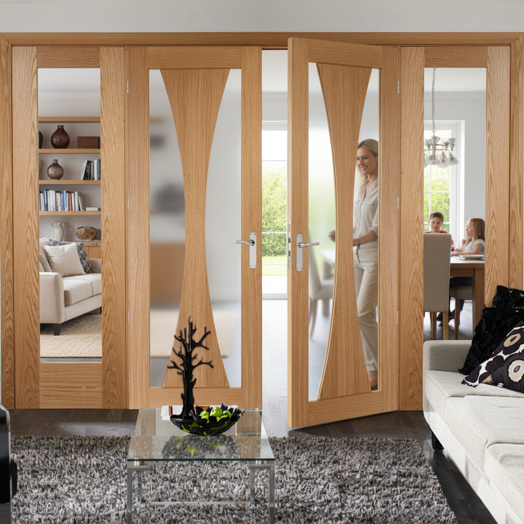 Premium Oak French Door Room Divider with Obscure Glass Side Panels and Universal Frame
