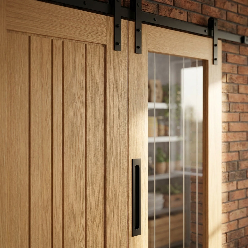 Oak Internal Sliding Door Unfinished with 1 Light Obscure Glass Panel - detail view