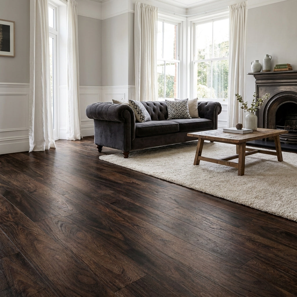 Rich Walnut 12mm High Gloss Laminate Flooring - Water-Resistant Finish