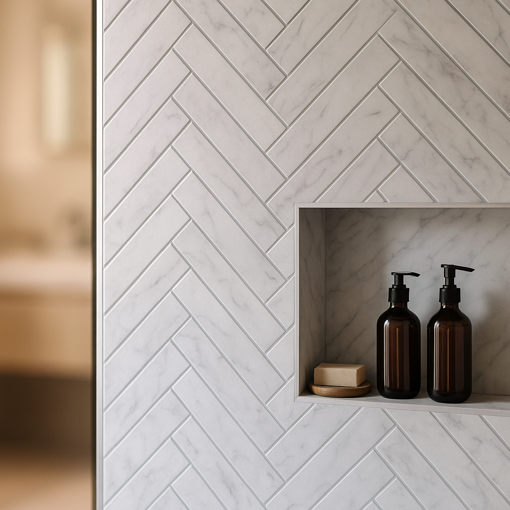 Waterproof Herringbone Marble Effect Wet Wall Panels - 2440mm Alloy Finish - detail view