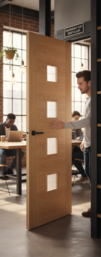 Premium Contemporary Oak Internal Door 6006 Clear Glazed with V Grooves and Brilliant Cut Glass Finish