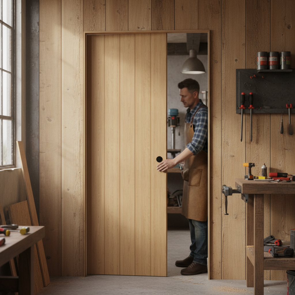 Premium Oak Flush Pocket Door Set - Space-Saving Design with No Bottom Track and Adjustable Doorstop