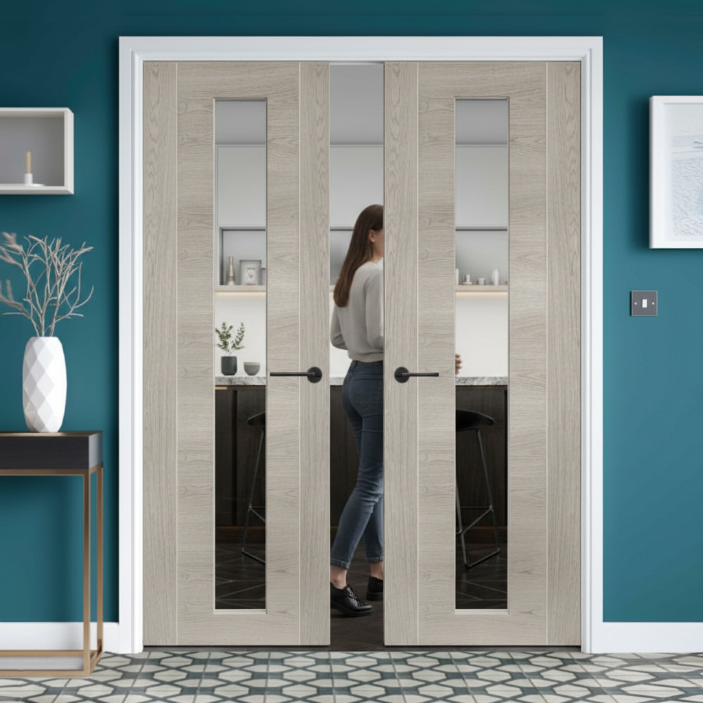 Premium White Grey Laminate Clear Glazed Door Pair - Durable, Low Maintenance with Modern Design for Family Homes