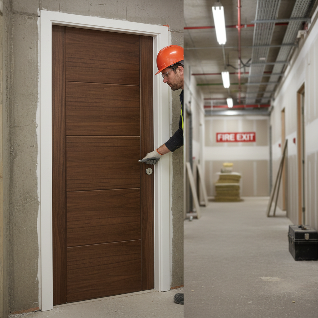 Premium Contemporary Walnut Fire Door with Solid Core Construction and 30-Minute Fire Rating for Enhanced Safety