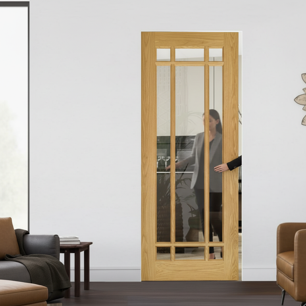 Premium Flush Pocket Door Set with Bevelled Glass Panels, No Bottom Track, and 15-Year Guarantee for Space-Saving Solutions