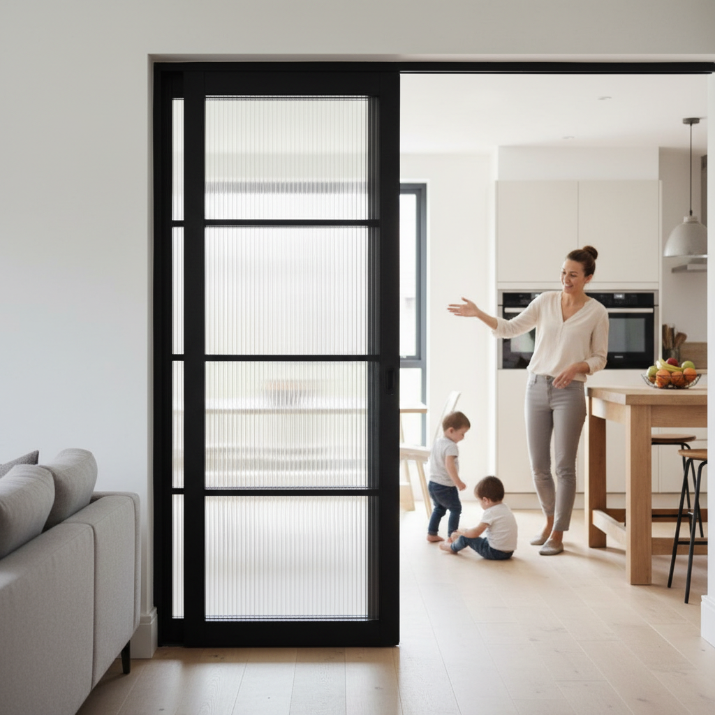 Premium Industrial Style Reeded Glazed Door Pair - Matt Black Finish with Solid Engineered Core and 10-Year Warranty