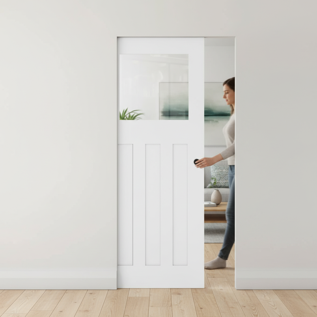 Premium White Glazed Flush Pocket Door Set with No Bottom Track and Adjustable Features for Elegant Space-Saving Solutions
