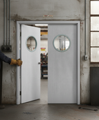 Premium Custom Made White Primed FD30 Porthole Fire Door Pair with Bespoke Design Options