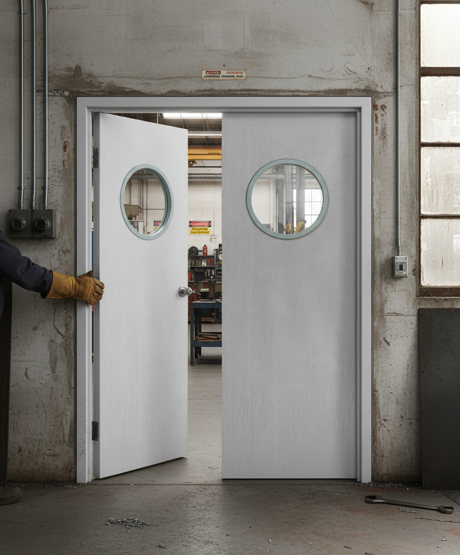 Premium Custom Made White Primed FD30 Porthole Fire Door Pair with Bespoke Design Options