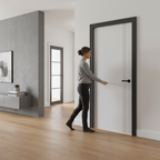 Premium Contemporary Internal Door with Satin White Lacquer Finish and Recessed Silver Inserts for Modern Aesthetics