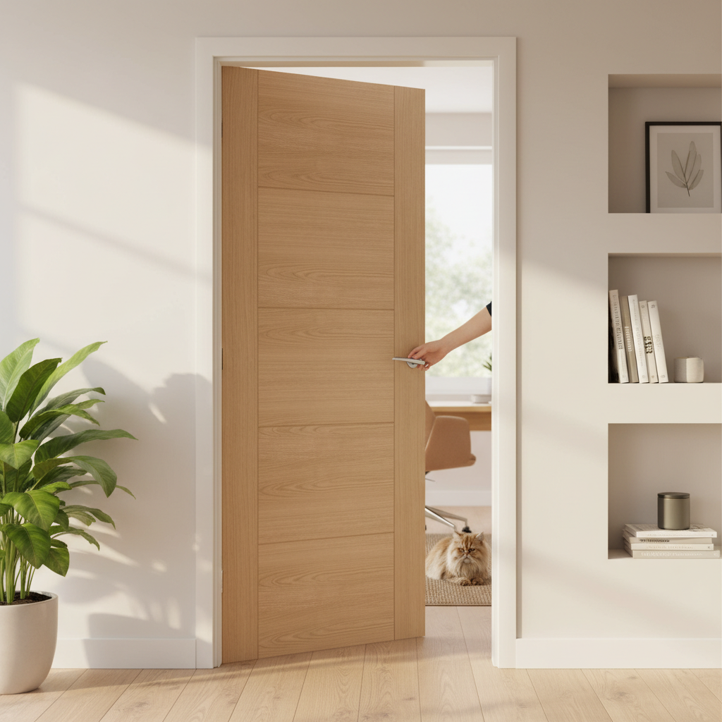 Premium Contemporary Oak Flush Internal Door with 5 Panels and V Grooves for Modern Interiors