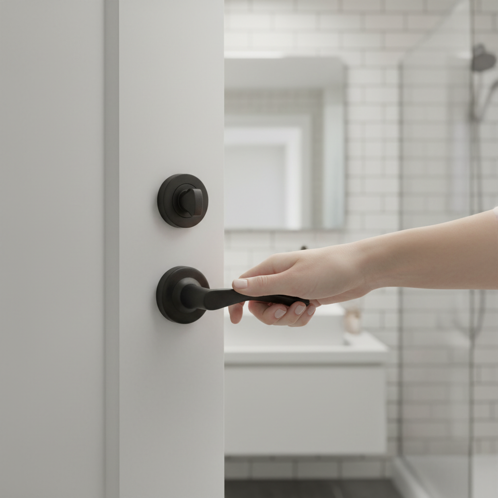 Premium Internal Bathroom Lever Handle on Round Rose Pack - Matt Black Finish with Privacy Lock and Hinges for Modern Doors - Image 2