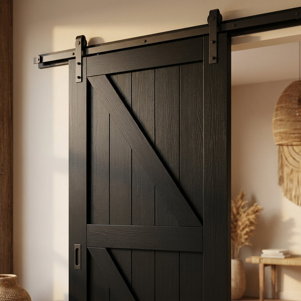 Internal Black Barn Door Primed Finish 1 Panel X Brace Softwood Core - detail view