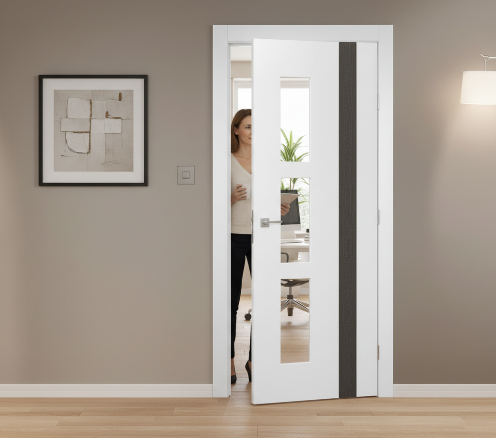 Premium Internal Clear Glazed White Fully Finished Door with Dark Grey Insert and 3 Glass Panels for Unique Style