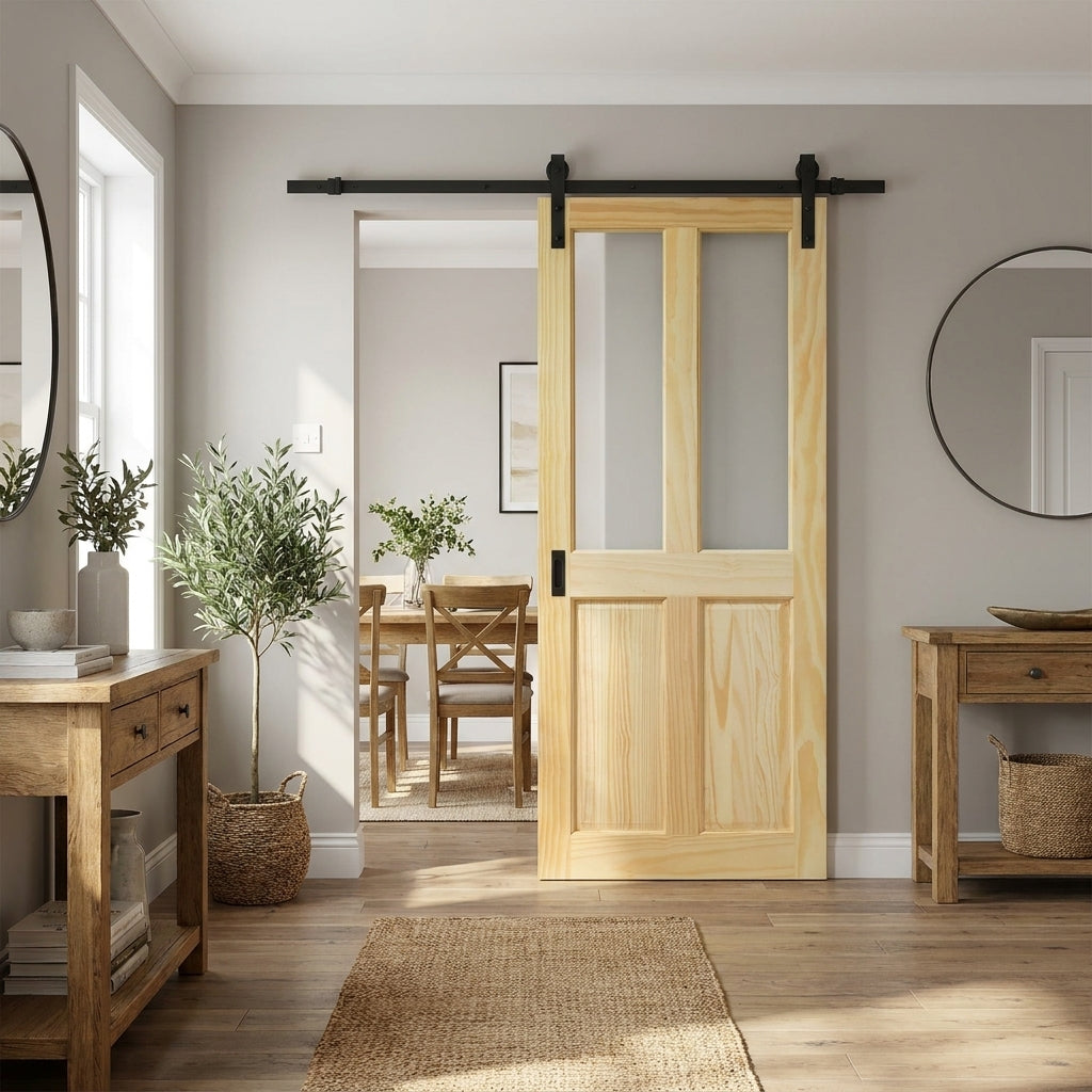 Sliding Internal Clear Pine Door Unfinished 2 Panel 2 Light Obscure Glass
