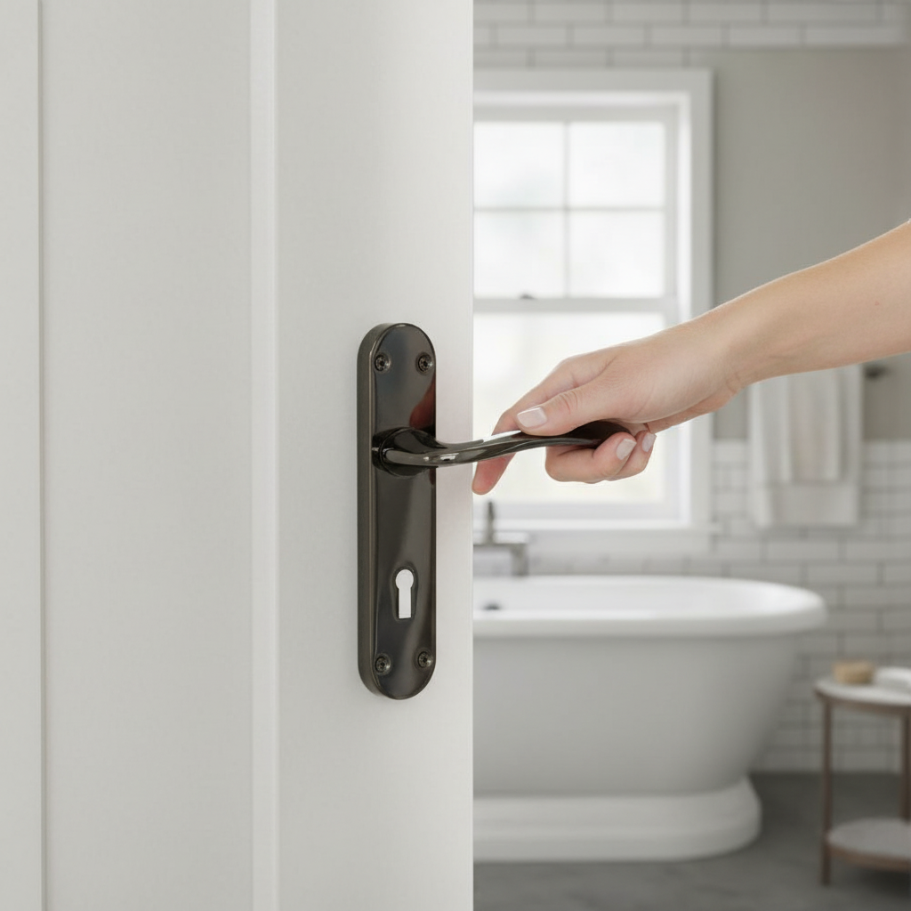 Bathroom Door Handle Set with Black Nickel Lever and Privacy Lock on Backplate for Elegant Security - Image 2