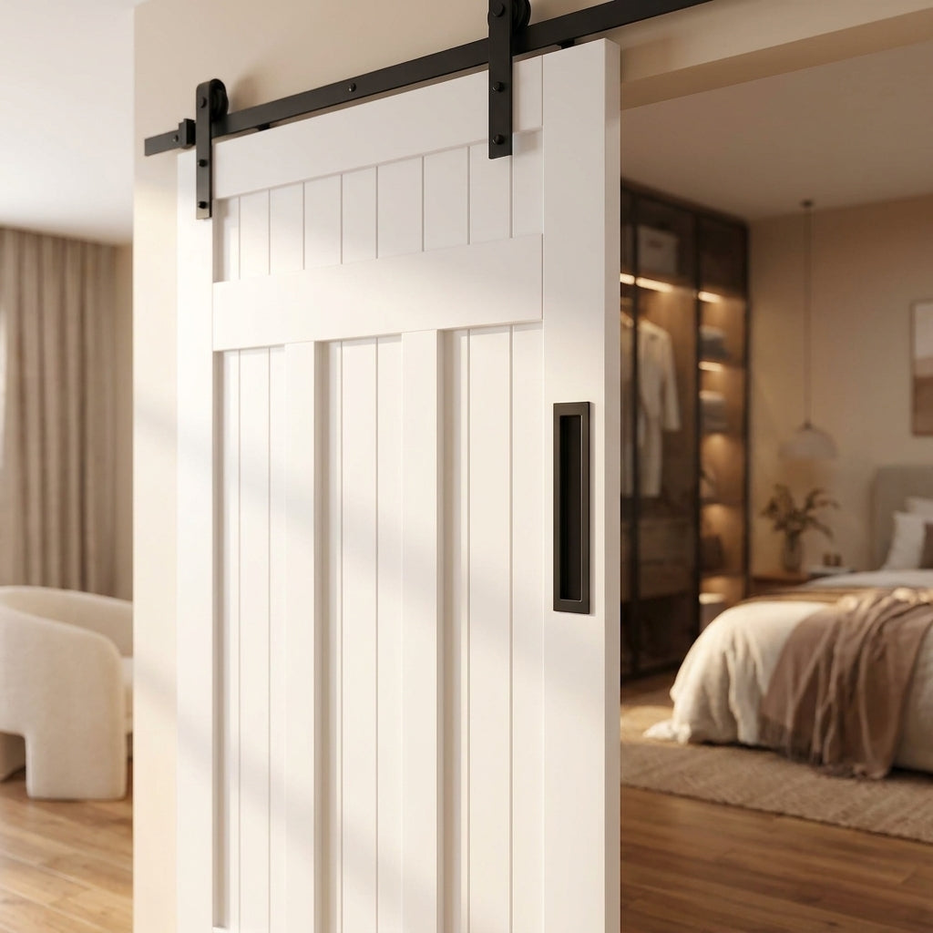 Internal Bypass Sliding Door 1930's DX 4 Panel White Primed Solid Core - detail view