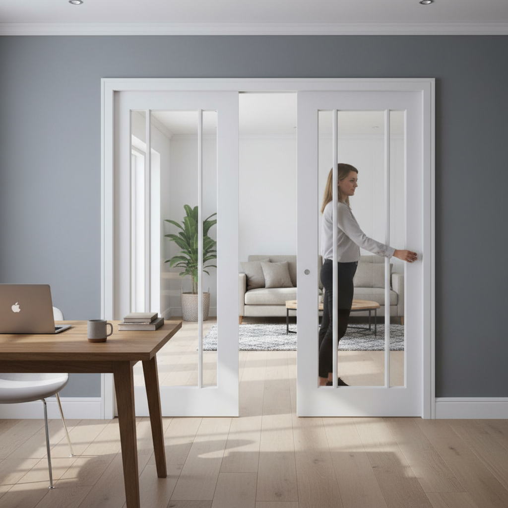 Premium Clear Glazed Telescopic Pocket Door System with Adjustable Doorstop and Maintenance-Free Track