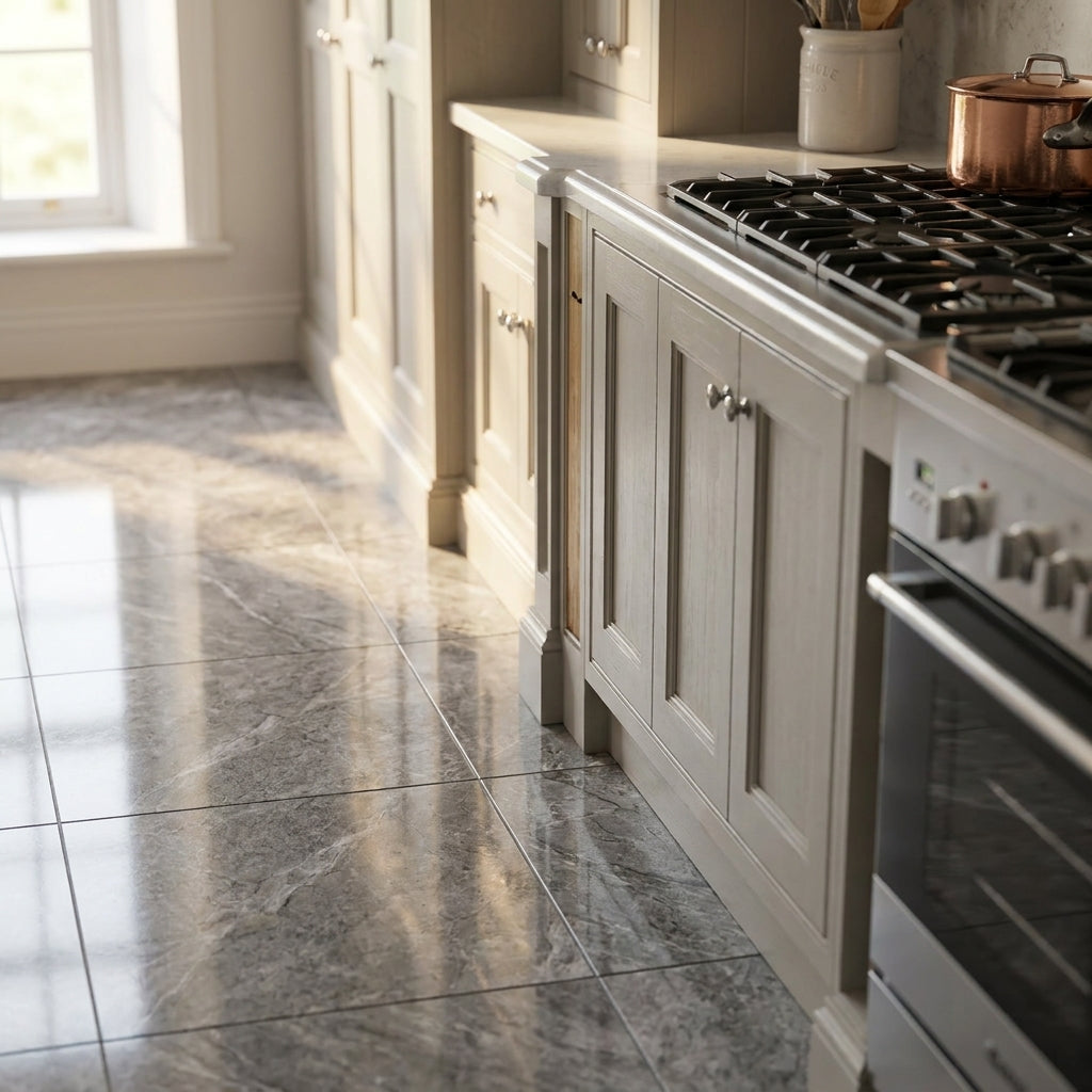 8mm High Gloss Laminate Flooring in Grey with 4V Bevel Edge, Water-Resistant - detail view