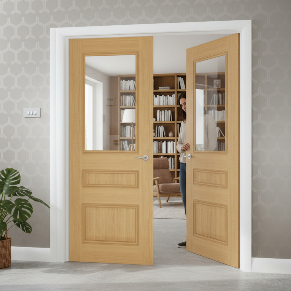 Premium Clear Glazed Oak Door Pair with Solid Core and Custom Size Options for Modern Interiors