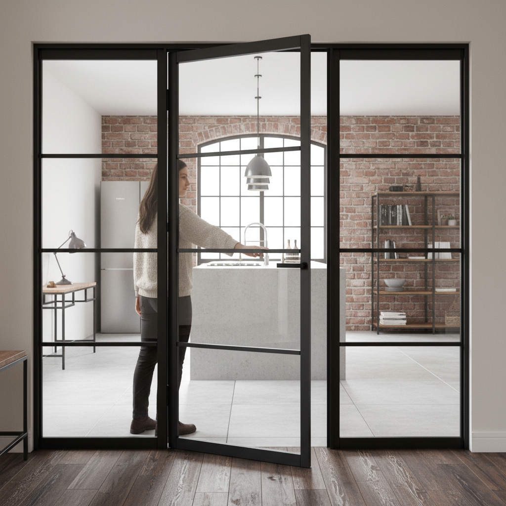 Premium Industrial Style Offset French Doors with Demi Panel - Large Glass Panes for Modern Design and Light Entry