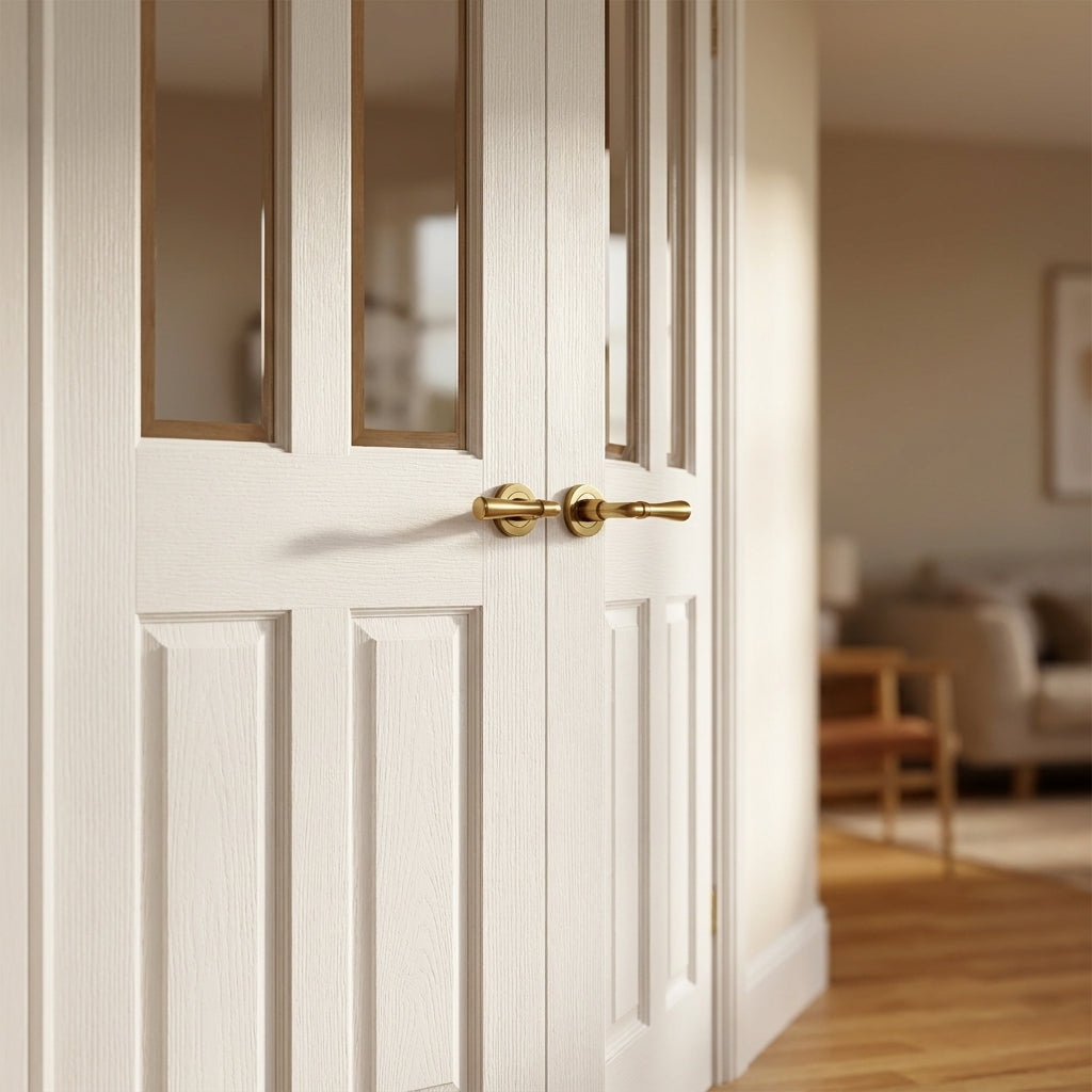 Internal French Door with 2 Panel Design, 2 Light Clear Bevelled Glass, Primed - detail view