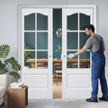 Premium Solid White 6L Double Pocket Door Set with Bevelled Glazing and Galvanised Steel Frame for Space-Saving Interior Solutions