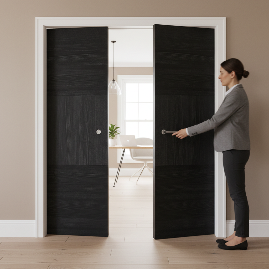 Premium Double Pocket Door Set with Charcoal Finish and Galvanised Steel Frame for Space-Saving Design