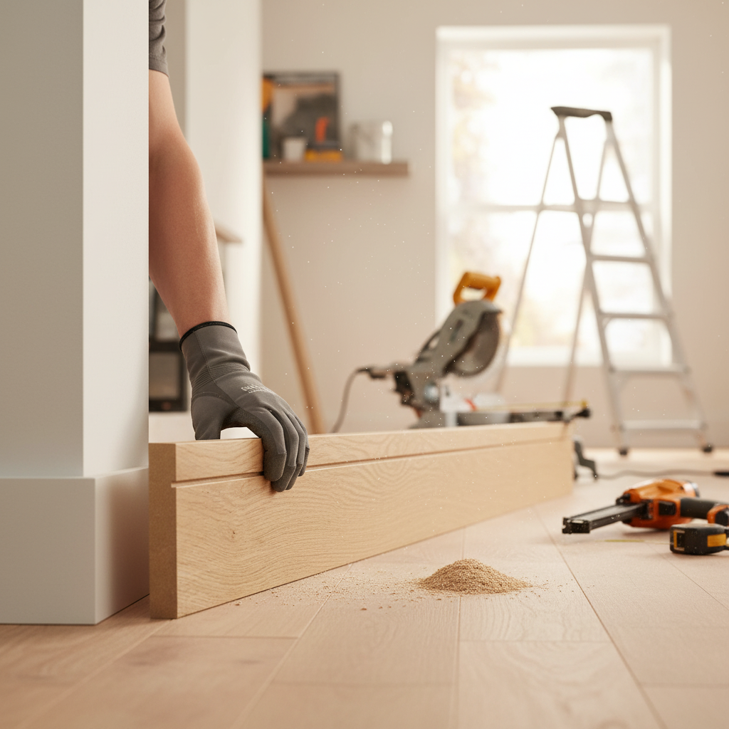 Fully Finished 2.4m Grooved Shaker Skirting Board with Rich Oak Veneer Design for Elegant Interiors